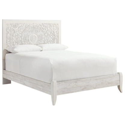Rustic white king panel bed with intricately carved medallion headboard, decorative laminate finish, and adjustable height frame


