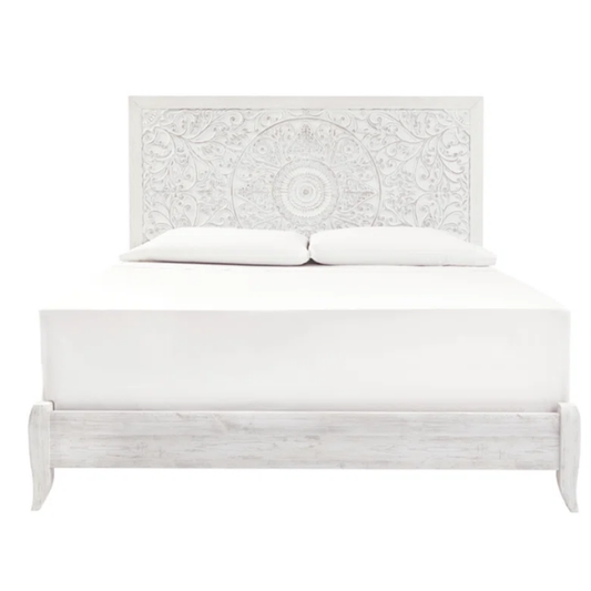 Rustic white king panel bed with intricately carved medallion headboard, decorative laminate finish, and adjustable height frame

