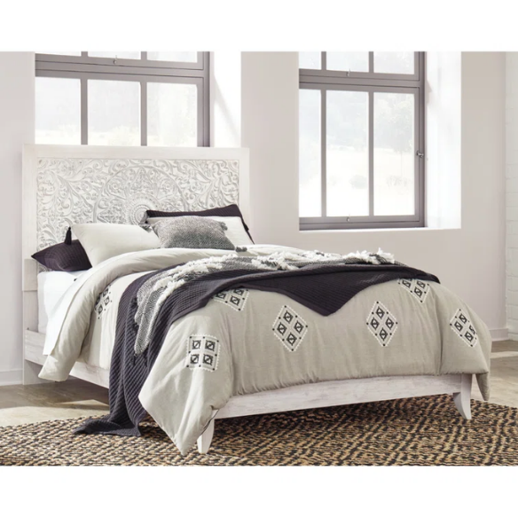Rustic white king panel bed with intricately carved medallion headboard, decorative laminate finish, and adjustable height frame


