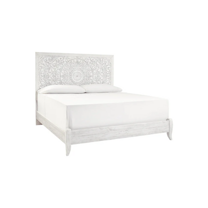Rustic white king panel bed with intricately carved medallion headboard, decorative laminate finish, and adjustable height frame

