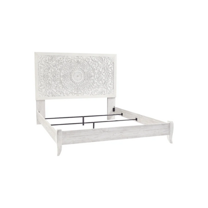 Rustic white king panel bed with intricately carved medallion headboard, decorative laminate finish, and adjustable height frame

