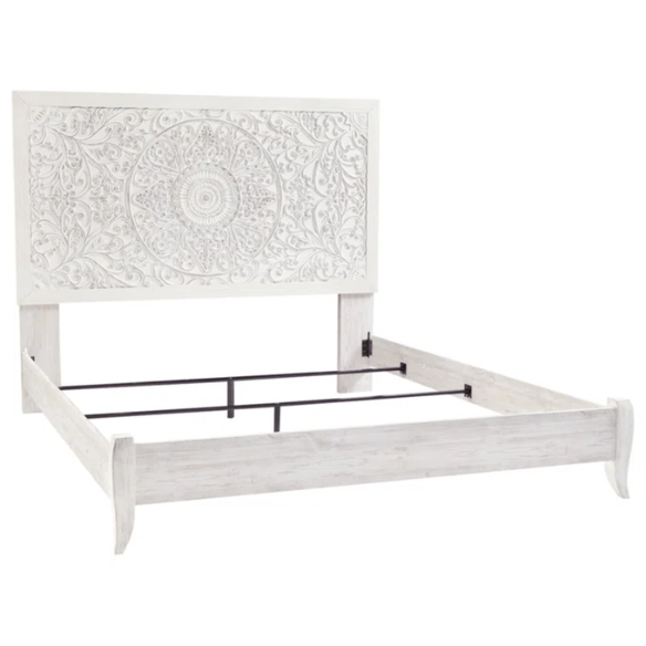 Rustic white king panel bed with intricately carved medallion headboard, decorative laminate finish, and adjustable height frame

