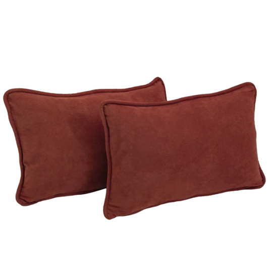 Rusty red microsuede lumbar throw pillow set of 2 with piped edges – decorative rectangular cushions for sofa, bed, or reading chair