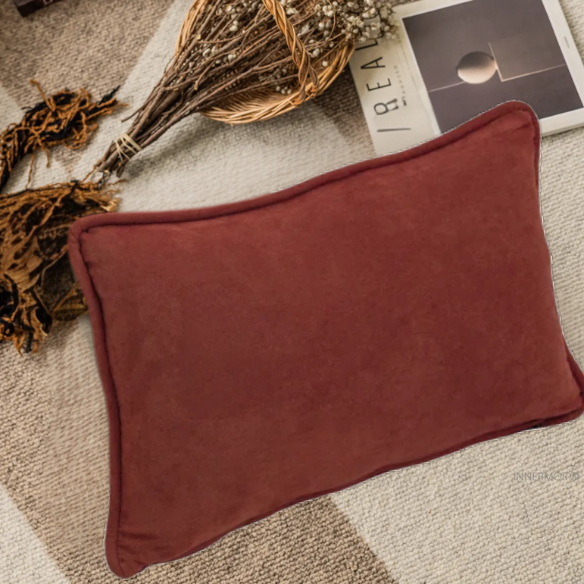 Rusty red microsuede lumbar throw pillow set of 2 with piped edges – decorative rectangular cushions for sofa, bed, or reading chair