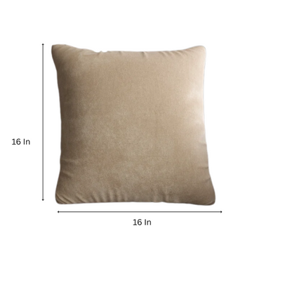 Sand crushed velvet throw pillow, 16x16 square with soft reversible fabric and hidden zipper, styled in a cozy, neutral-toned living space.

