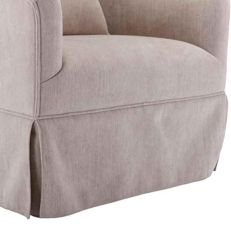 A set of two beige cream swivel accent chairs with soft linen blend upholstery, sleek metal frames, and wood accent details. The chairs feature a 360-degree swivel base for easy movement and are filled with foam and spring cushioning for comfort. The metal legs with steel details provide stability, and the modern design fits well in various spaces like living rooms, bedrooms, and offices. The chairs are sturdy, versatile, and easy to assemble, offering both style and durability for any home.
