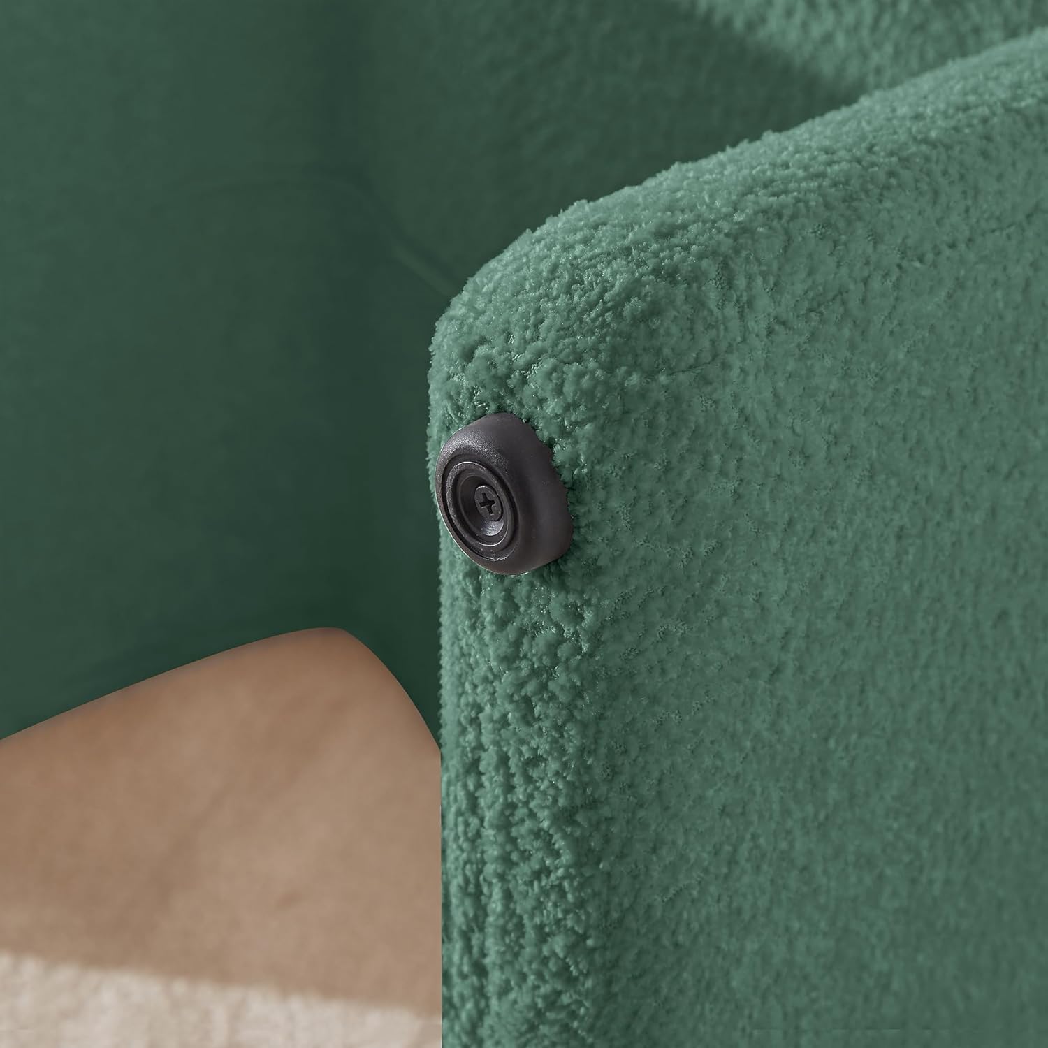 Green bouclé pedal stool with modern semicircular design, engineered wood frame, and soft sherpa fabric, ideal as a footrest or extra seating, perfect for any room.