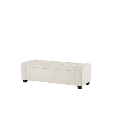 Beige storage bench with dual hinges, button tufting, and diamond stitching, featuring a sturdy engineered wood frame, tapered legs, and 330 lbs weight capacity, perfect for bedroom, living room, or entryway storage and seating.