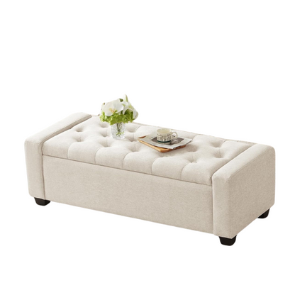 Beige storage bench with dual hinges, button tufting, and diamond stitching, featuring a sturdy engineered wood frame, tapered legs, and 330 lbs weight capacity, perfect for bedroom, living room, or entryway storage and seating.