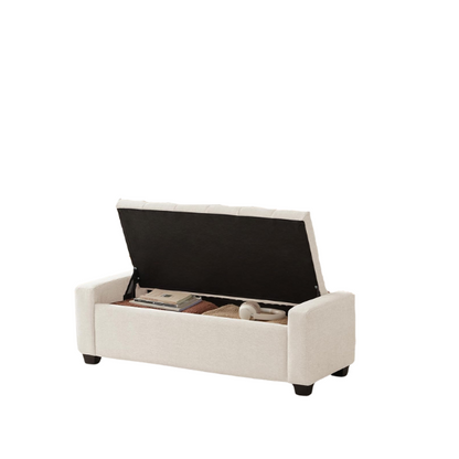 Beige storage bench with dual hinges, button tufting, and diamond stitching, featuring a sturdy engineered wood frame, tapered legs, and 330 lbs weight capacity, perfect for bedroom, living room, or entryway storage and seating.