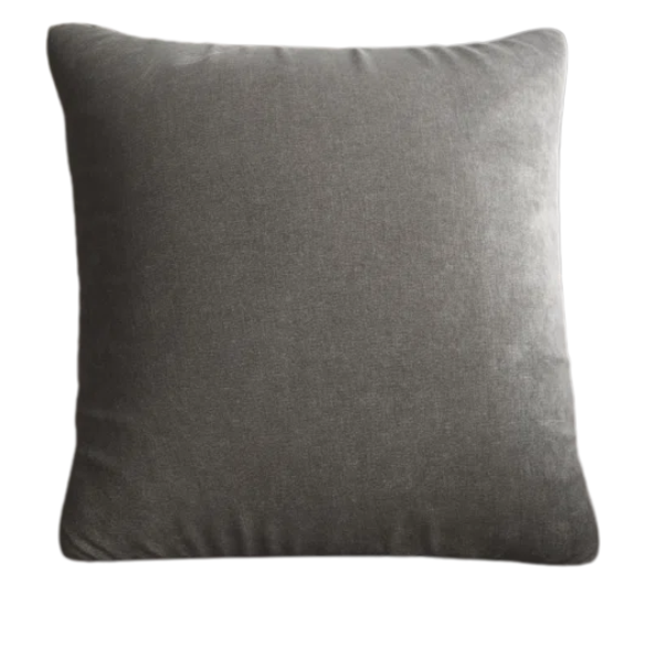 Silver crushed velvet throw pillow, 16x16 square with soft, reversible fabric and hidden zipper, styled on a modern sofa for a sleek, elegant look.

