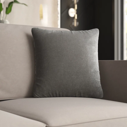 Silver crushed velvet throw pillow, 16x16 square with soft, reversible fabric and hidden zipper, styled on a modern sofa for a sleek, elegant look.

