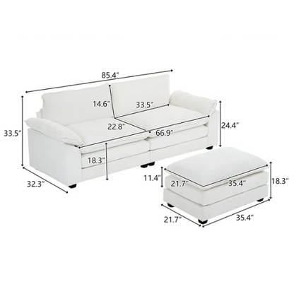 Soft warm cream chenille modular cloud sofa with pillow top arms, deep foam cushions, and matching ottoman