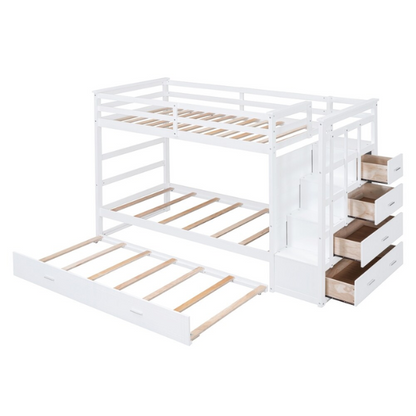 Solid white twin over twin bunk bed with staircase, storage drawers, and pull-out trundle in a modern children's bedroom
