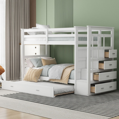 Solid white twin over twin bunk bed with staircase, storage drawers, and pull-out trundle in a modern children's bedroom
