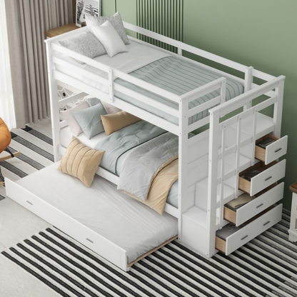Solid white twin over twin bunk bed with staircase, storage drawers, and pull-out trundle in a modern children's bedroom

