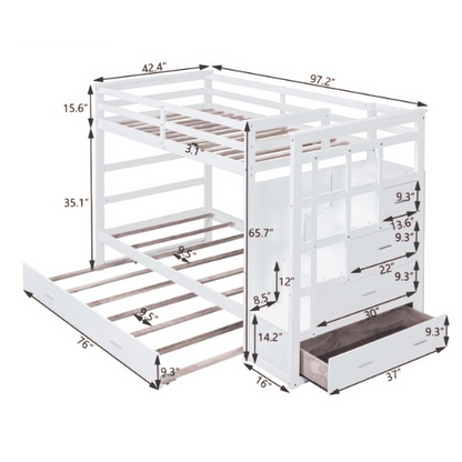 Solid white twin over twin bunk bed with staircase, storage drawers, and pull-out trundle in a modern children's bedroom
