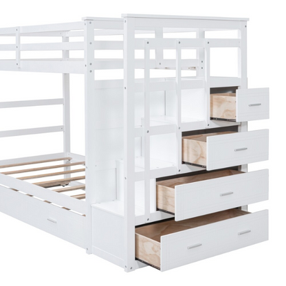 Solid white twin over twin bunk bed with staircase, storage drawers, and pull-out trundle in a modern children's bedroom
