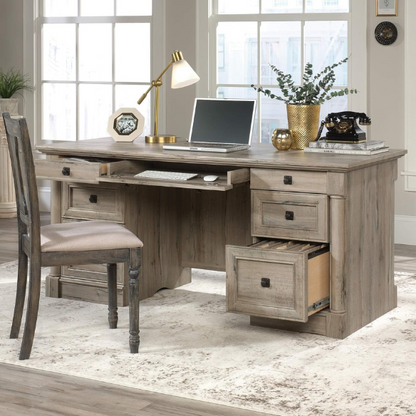Split Oak Executive Desk with Storage and Keyboard Tray