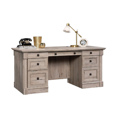 Split Oak Executive Desk with Storage and Keyboard Tray