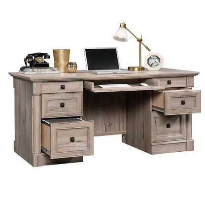 Split Oak Executive Desk with Storage and Keyboard Tray