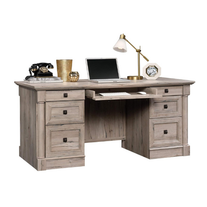 Split Oak Executive Desk with Storage and Keyboard Tray
