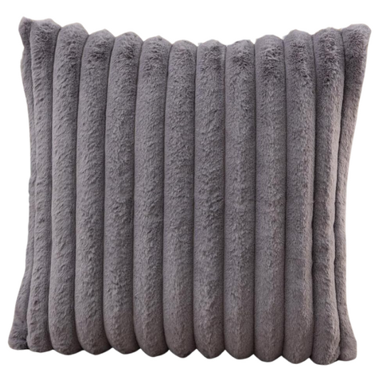 Soft grey striped throw pillow cover with faux wool front and velvet back, 16x16 size.