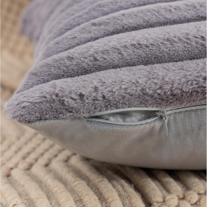 Soft grey striped throw pillow cover with faux wool front and velvet back, 16x16 size.