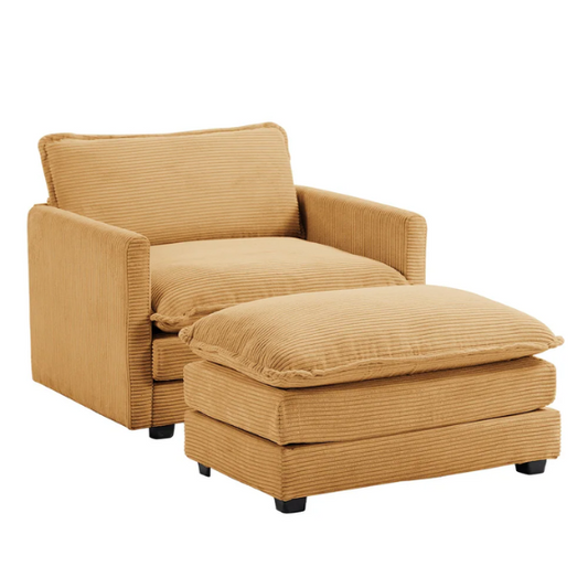 Tan corduroy accent chair with matching ottoman, featuring soft upholstery, supportive foam cushions, and a sturdy wood and metal frame for long-lasting comfort.