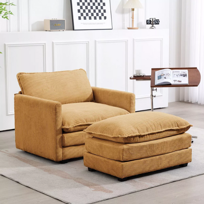 Tan corduroy accent chair with matching ottoman, featuring soft upholstery, supportive foam cushions, and a sturdy wood and metal frame for long-lasting comfort.