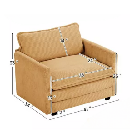 Tan corduroy accent chair with matching ottoman, featuring soft upholstery, supportive foam cushions, and a sturdy wood and metal frame for long-lasting comfort.