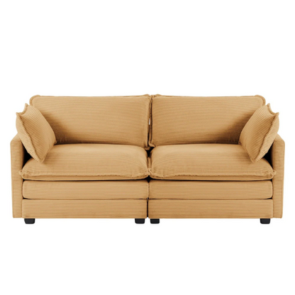 Tan corduroy loveseat sofa with plush upholstery, modern track arms, and spacious two-person seating—perfect for small apartments, living rooms, or home offices.