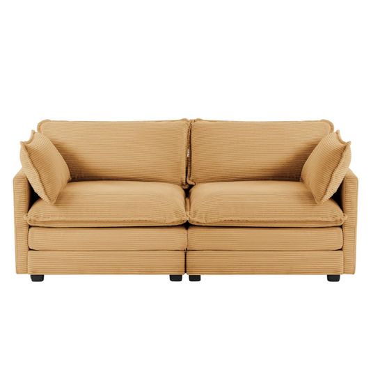 Tan corduroy loveseat sofa with plush upholstery, modern track arms, and spacious two-person seating—perfect for small apartments, living rooms, or home offices.