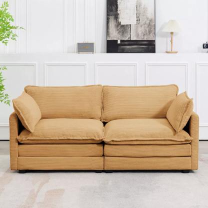 Tan corduroy loveseat sofa with plush upholstery, modern track arms, and spacious two-person seating—perfect for small apartments, living rooms, or home offices.