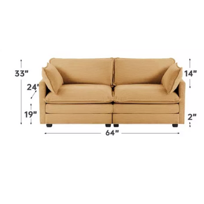 Tan corduroy loveseat sofa with plush upholstery, modern track arms, and spacious two-person seating—perfect for small apartments, living rooms, or home offices.