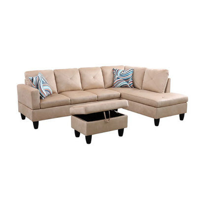 Tan L-shaped sectional sofa with right-facing chaise and ottoman, microfiber upholstery and light gray wooden legs
