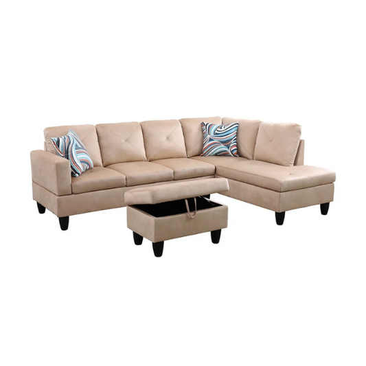 Tan L-shaped sectional sofa with right-facing chaise and ottoman, microfiber upholstery and light gray wooden legs