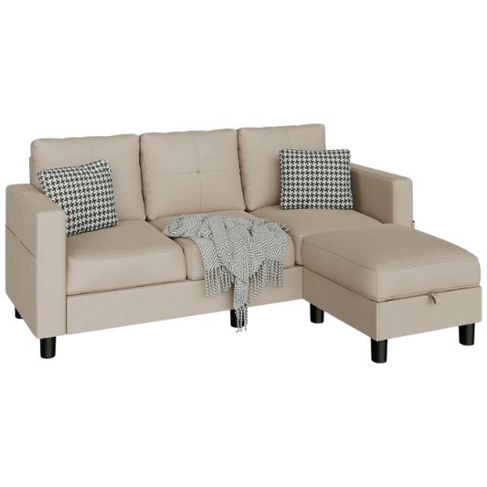 Modern tan L-shaped sectional sofa with storage ottoman, stain-resistant polyester fabric, and firm foam cushions for small spaces.

