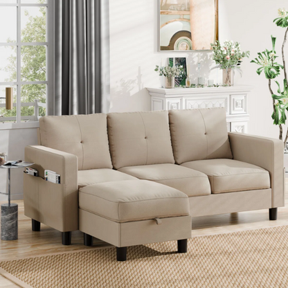 Modern tan L-shaped sectional sofa with storage ottoman, stain-resistant polyester fabric, and firm foam cushions for small spaces.

