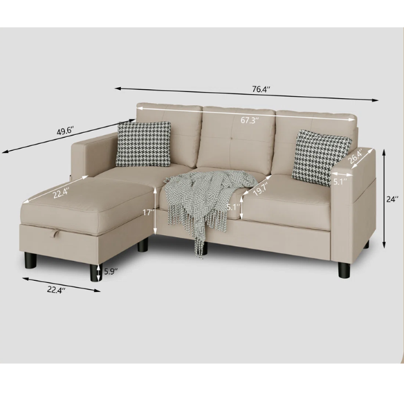 Modern tan L-shaped sectional sofa with storage ottoman, stain-resistant polyester fabric, and firm foam cushions for small spaces.

