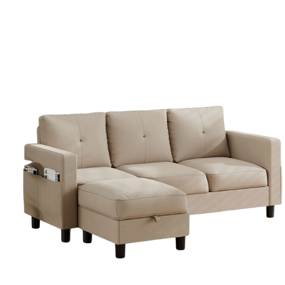 Modern tan L-shaped sectional sofa with storage ottoman, stain-resistant polyester fabric, and firm foam cushions for small spaces.

