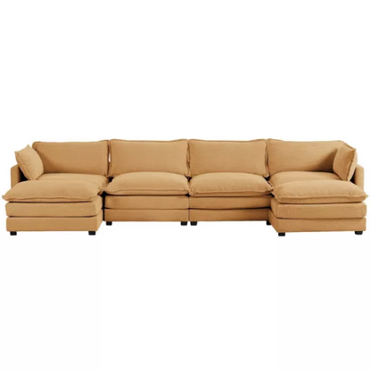 Tan corduroy 4-seat modular sectional sofa with two ottomans, featuring soft high-pile fabric, plush cushions, and a sturdy wood and metal frame for modern living spaces.