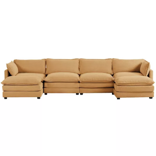 Tan corduroy 4-seat modular sectional sofa with two ottomans, featuring soft high-pile fabric, plush cushions, and a sturdy wood and metal frame for modern living spaces.