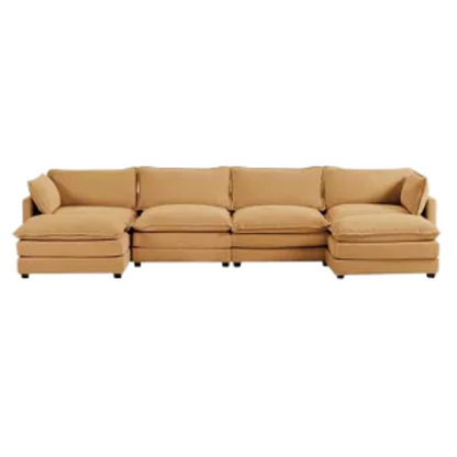 Tan corduroy 4-seat modular sectional sofa with two ottomans, featuring soft high-pile fabric, plush cushions, and a sturdy wood and metal frame for modern living spaces.