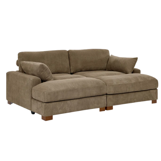 Taupe corduroy convertible sleeper sofa with adjustable headrest, twin bed functionality, and mid-century wood legs