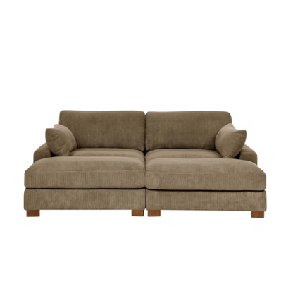 Taupe corduroy convertible sleeper sofa with adjustable headrest, twin bed functionality, and mid-century wood legs