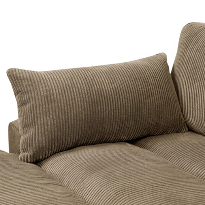 Taupe corduroy convertible sleeper sofa with adjustable headrest, twin bed functionality, and mid-century wood legs
