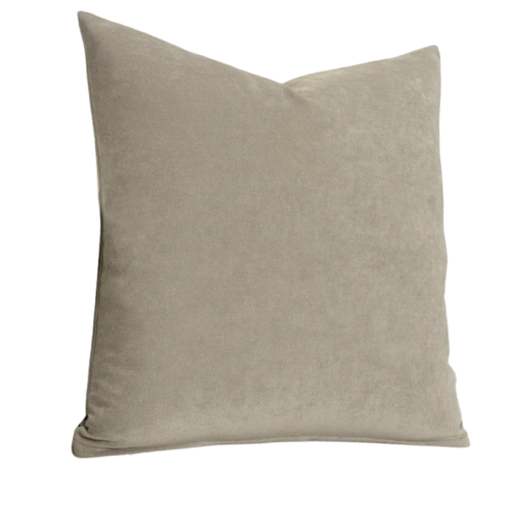Taupe crushed velvet throw pillow, 16x16 square design with soft texture and reversible fabric, styled on a modern sofa for cozy, neutral home decor.

