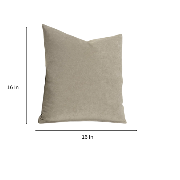 Taupe crushed velvet throw pillow, 16x16 square design with soft texture and reversible fabric, styled on a modern sofa for cozy, neutral home decor.

