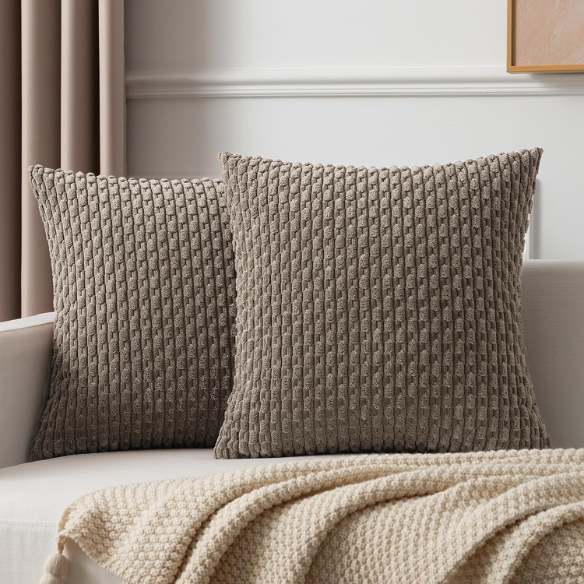 Taupe striped corduroy throw pillow cover with zipper closure, ideal for modern and boho home décor.